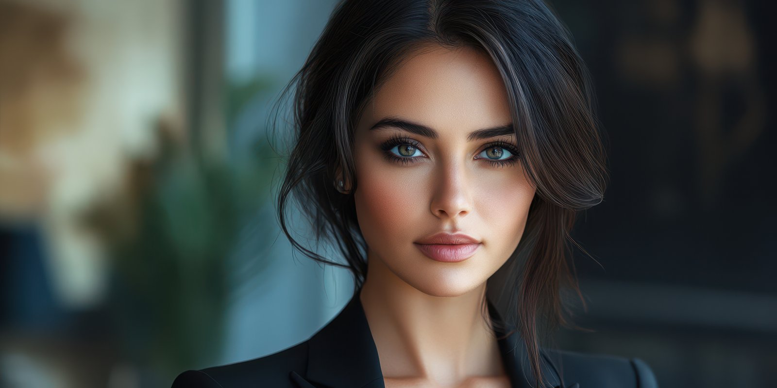 Woman in business attire with striking features posed in a modern office environment during daylight hours